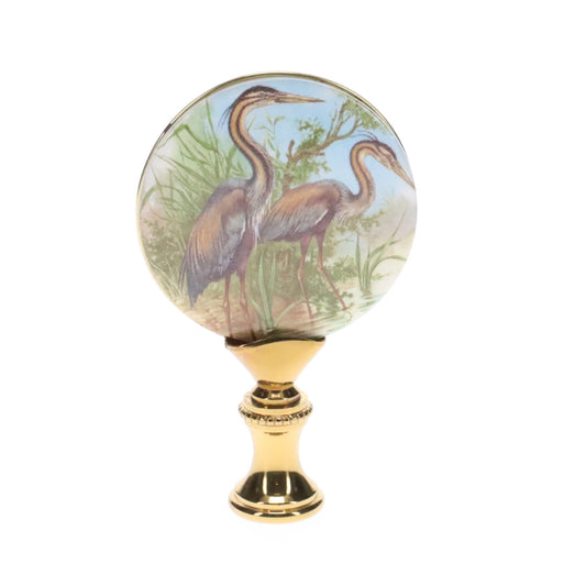 2-7/8" Tall Brass Finial, Picture of Cranes, Ceramic, 1/4-27F Tap (15136)