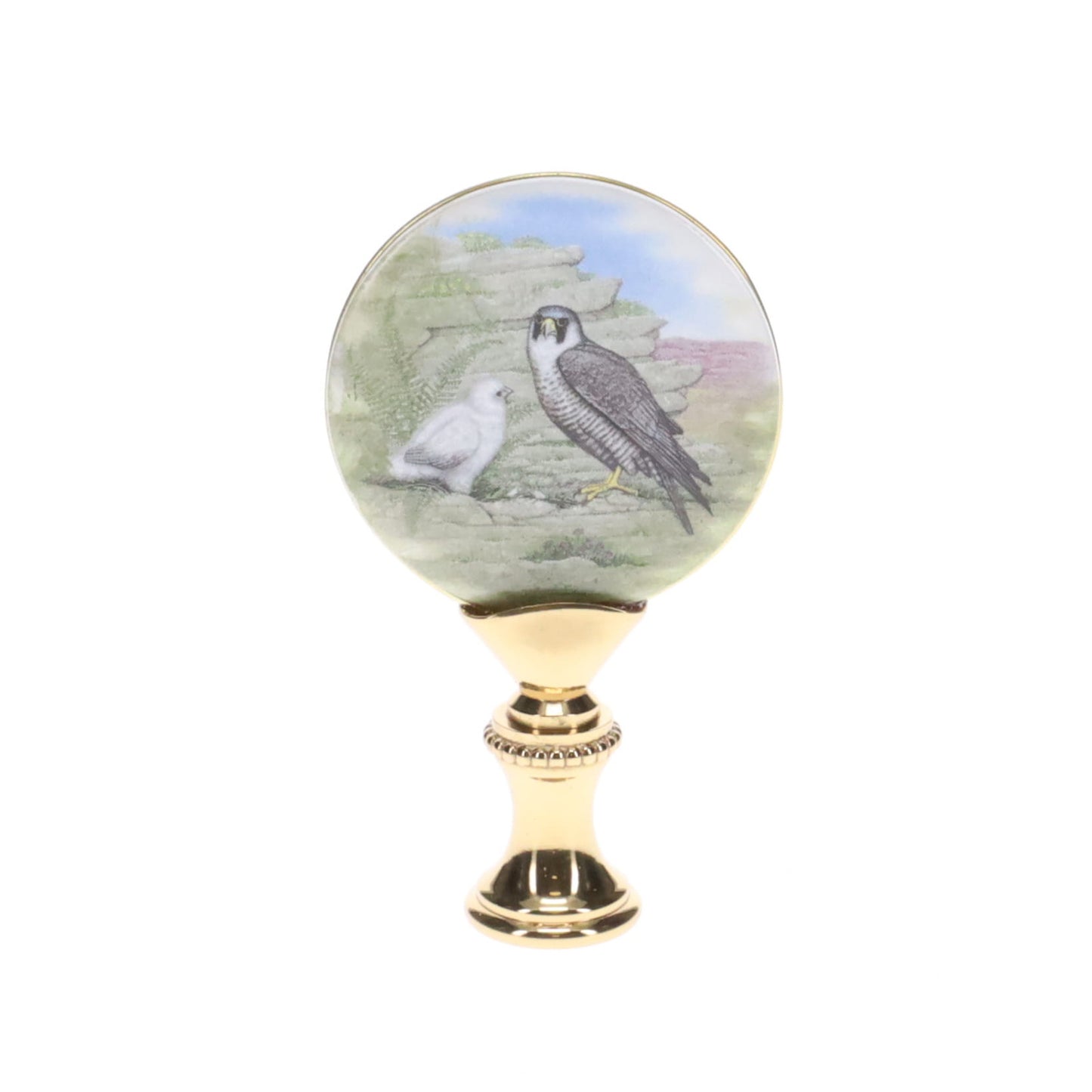2-5/8" Tall Brass Finial, Picture of Falcons, Ceramic, 1/4-27F Tap (15137)