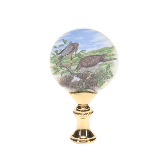 2-5/8" Tall Brass Finial, Picture of Hawks, Ceramic, 1/4-27F Tap (15138)