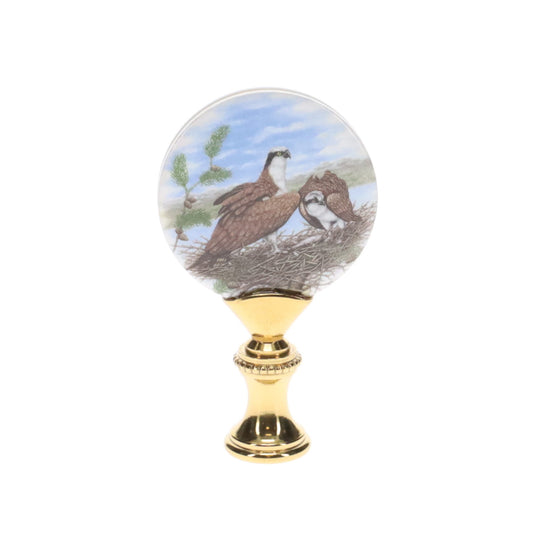 2-5/8" Tall Brass Finial, Picture of Ospreys, Ceramic, 1/4-27F Tap (15140)