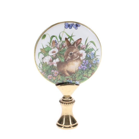 2-7/8" Tall Brass Finial, Picture of Rabbit, Flowers, Butterflies, Ceramic, 1/4-27F Tap (15141)
