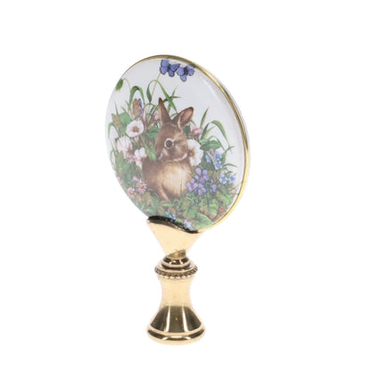 2-7/8" Tall Brass Finial, Picture of Rabbit, Flowers, Butterflies, Ceramic, 1/4-27F Tap (15141)