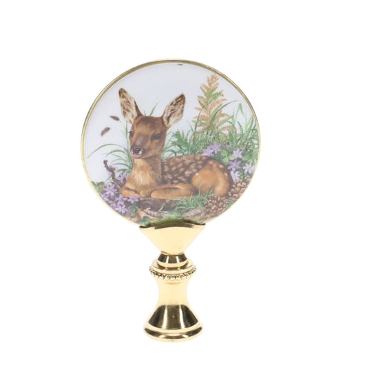 2-7/8" Tall Brass Finial, Picture of Deer/Fawn, Flowers, Ceramic, 1/4-27F Tap (15142)