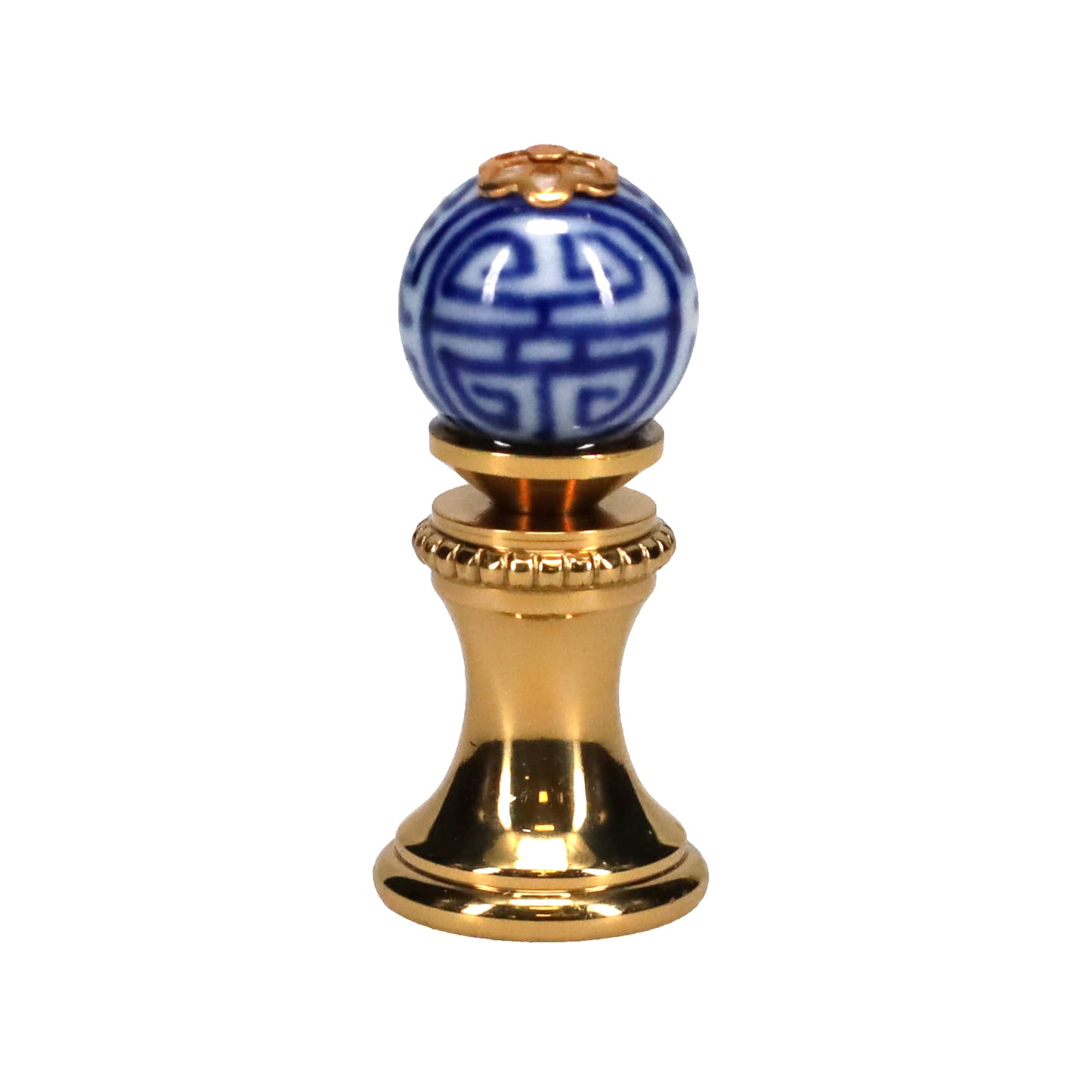 1.4" Tall Brass Finial, 0.55" Porcelain Bead with Blue & White Chinese Art, 1/4-27F Tap (15190)