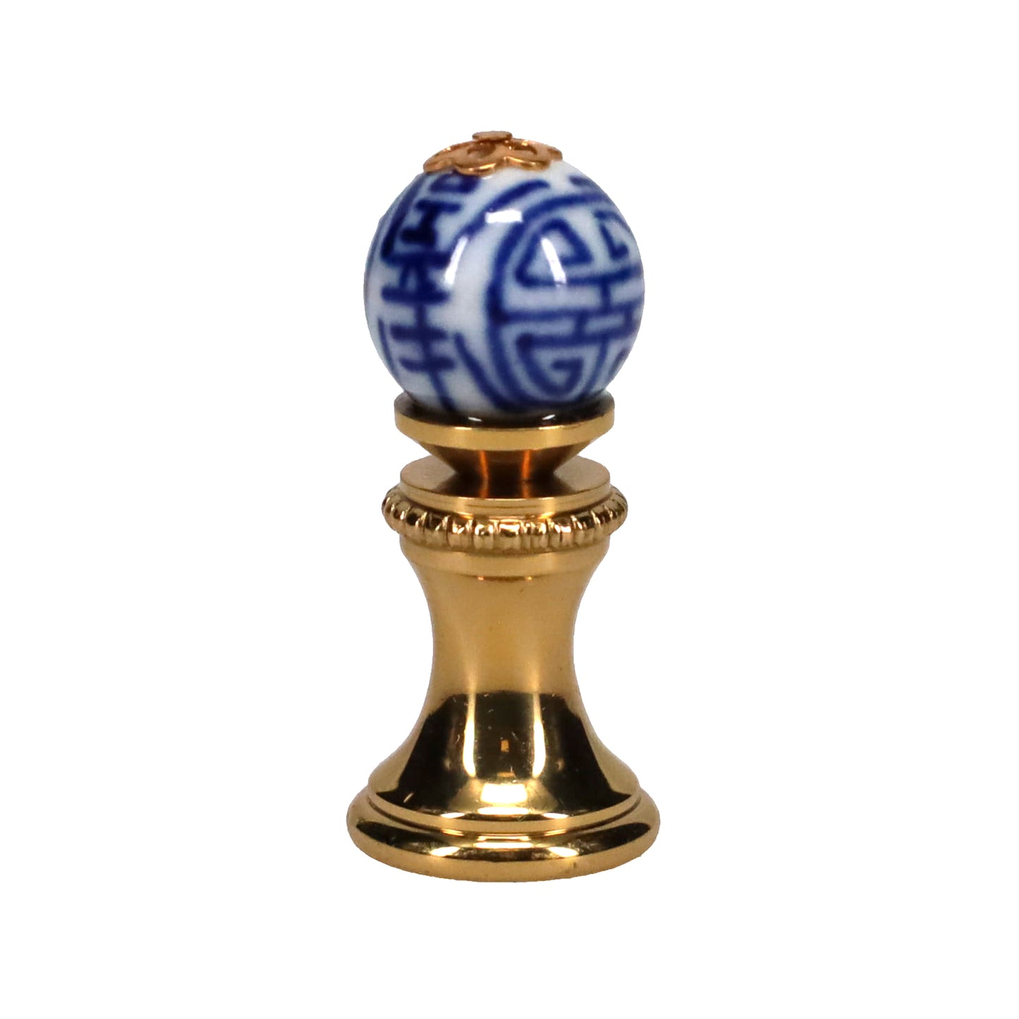 1.4" Tall Brass Finial, 0.55" Porcelain Bead with Blue & White Chinese Art, 1/4-27F Tap (15190)