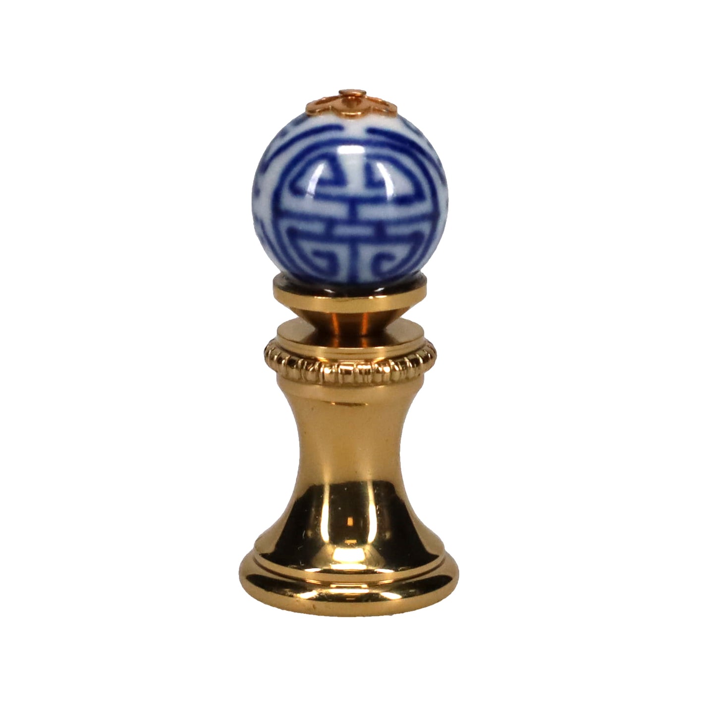 1.4" Tall Brass Finial, 0.55" Porcelain Bead with Blue & White Chinese Art, 1/4-27F Tap (15190)