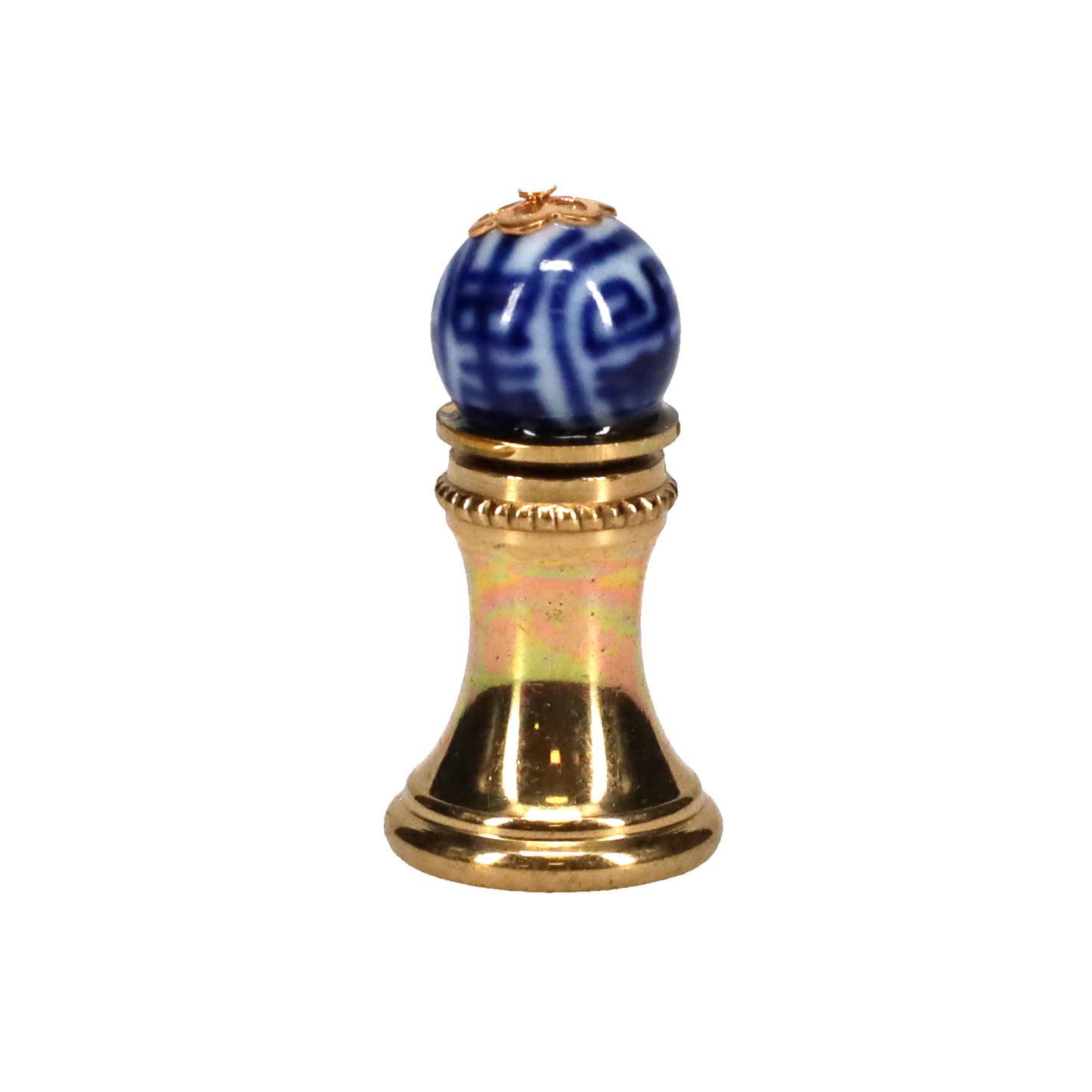 1-1/4" Tall Brass Finial, 0.45" Porcelain Bead with Blue & White Chinese Art, 1/4-27F Tap (15192)