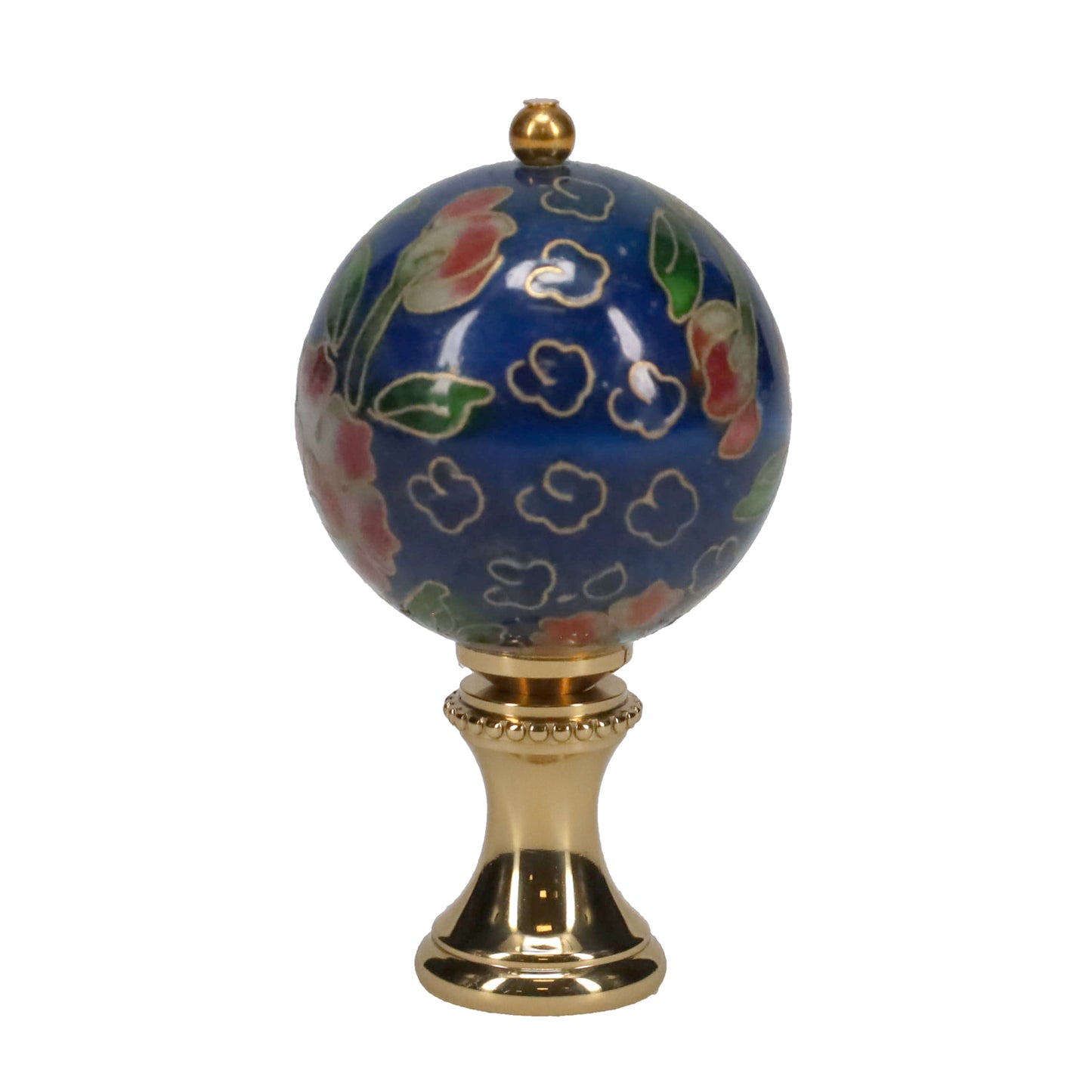 2-1/8" Tall Brass Finial, 1-1/8" Porcelain Bead with Navy Blue Cloisonné Floral Pattern, 1/4-27F Tap (15195)