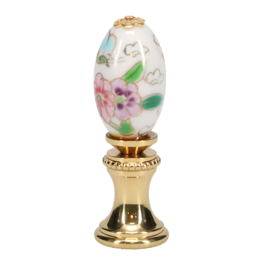 1-7/8" Tall Brass Finial, Porcelain Egg with Butterflies & Flowers Hand Painted, 1/4-27F Tap (15233)