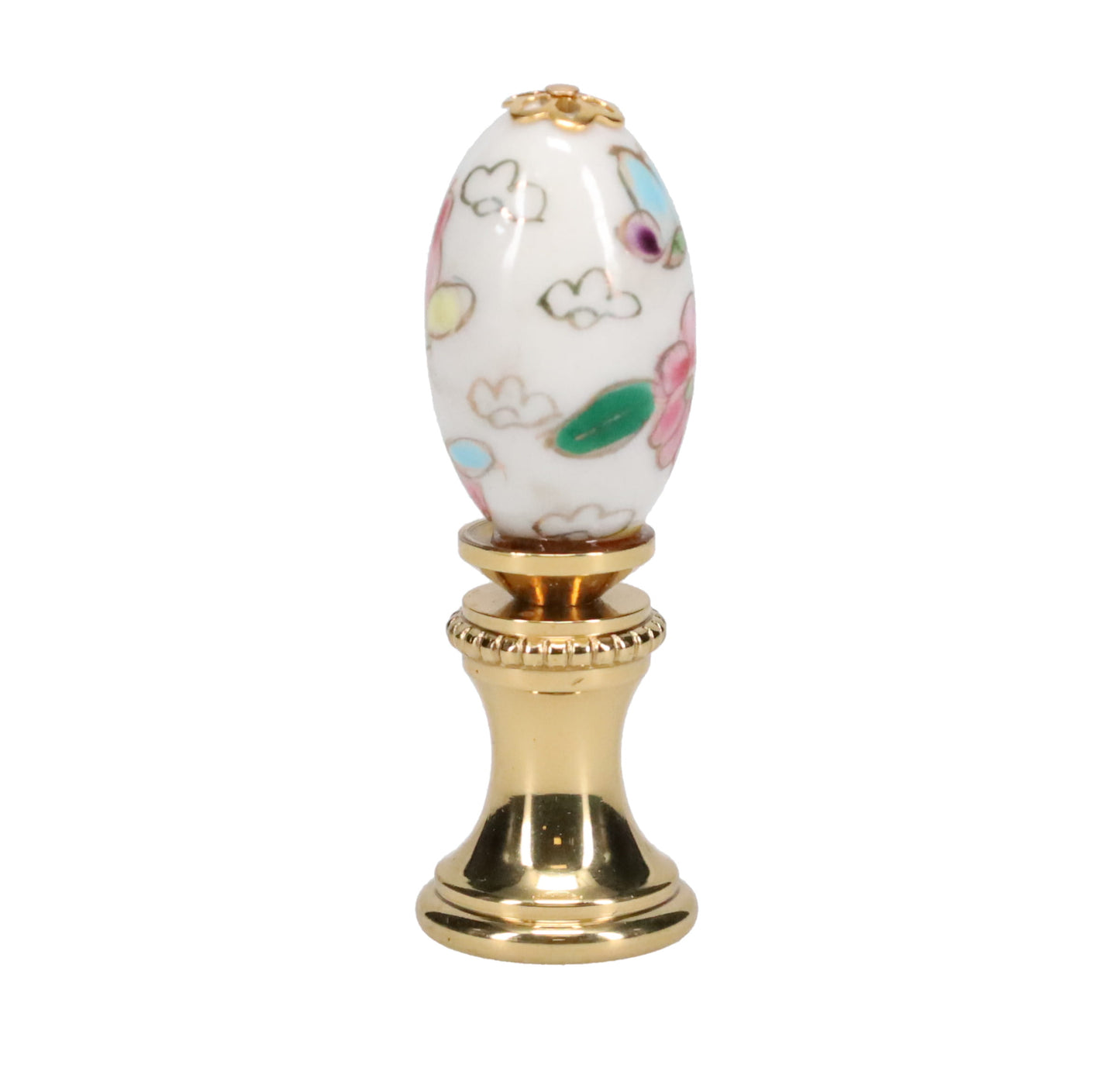 1-7/8" Tall Brass Finial, Porcelain Egg with Butterflies & Flowers Hand Painted, 1/4-27F Tap (15233)