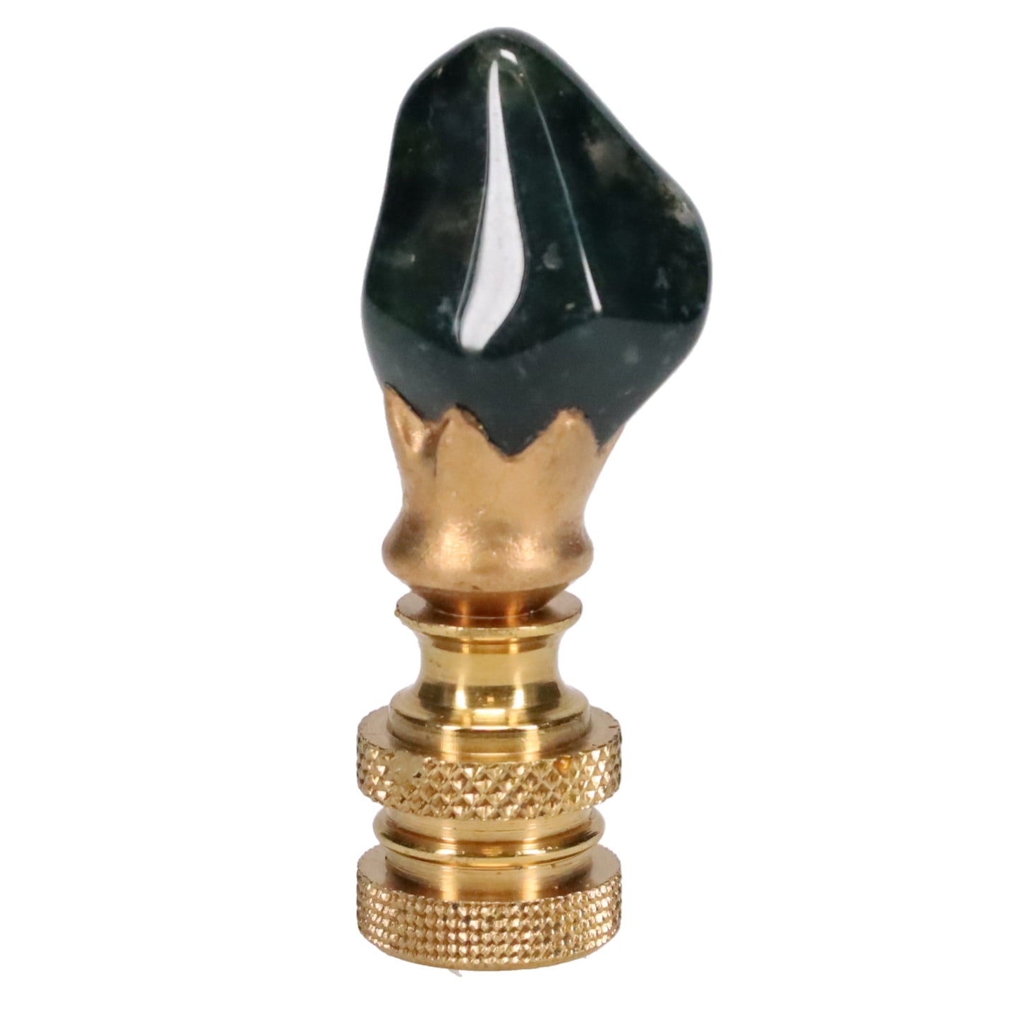 Brass Finial with Dark Green Jade Stone, Knurled Finial, 1/4-27F Tap (15238K)
