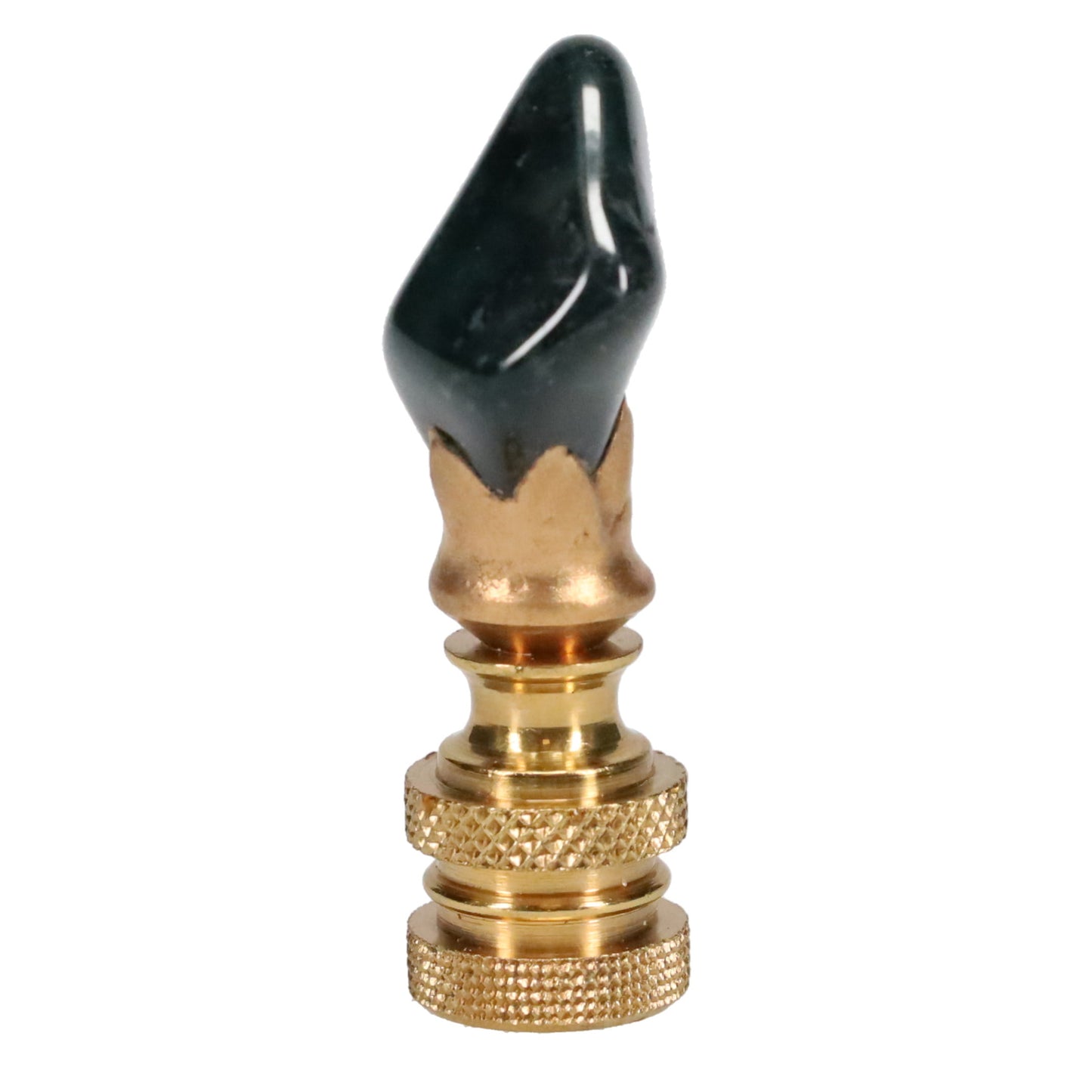 Brass Finial with Dark Green Jade Stone, Knurled Finial, 1/4-27F Tap (15238K)