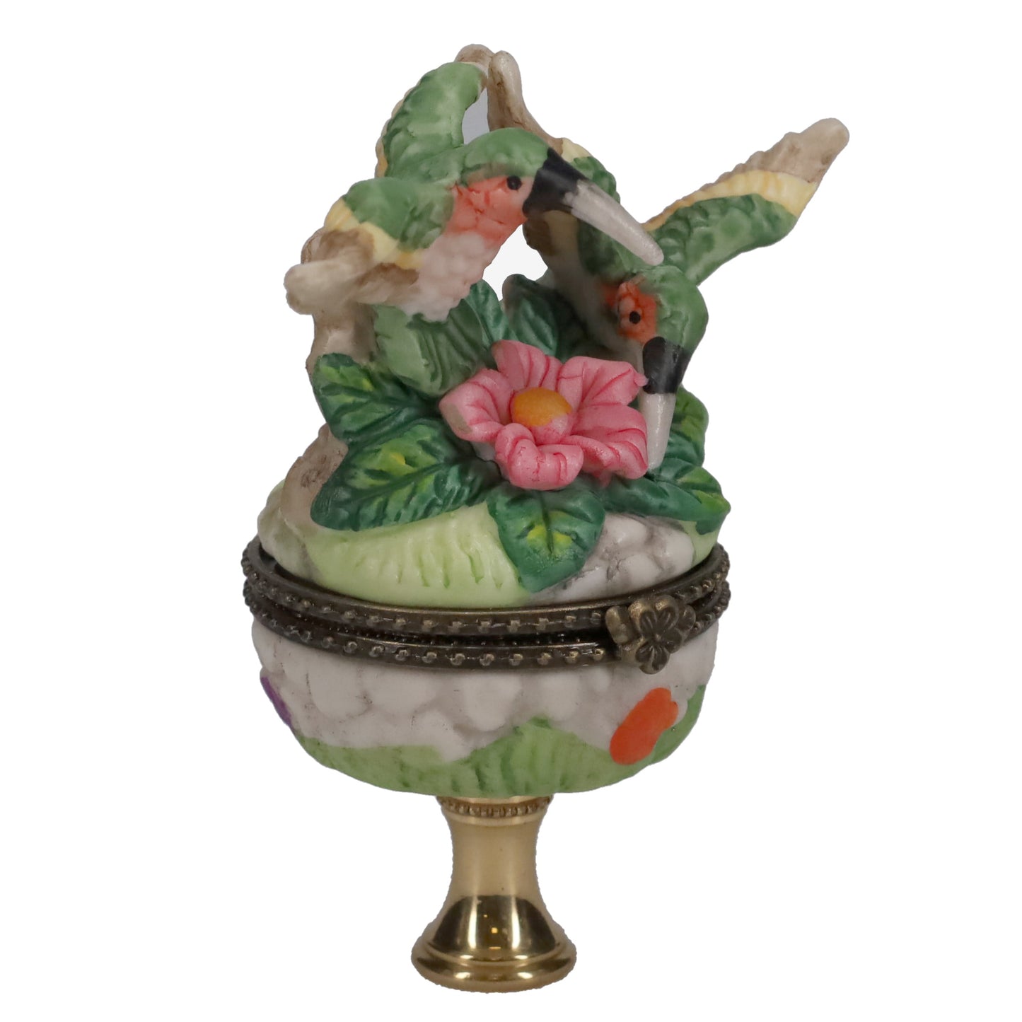 3-1/2" Tall Brass Finial Hummingbirds & Flowers Locket, Ceramic, 1/4-27F Tap (15241)