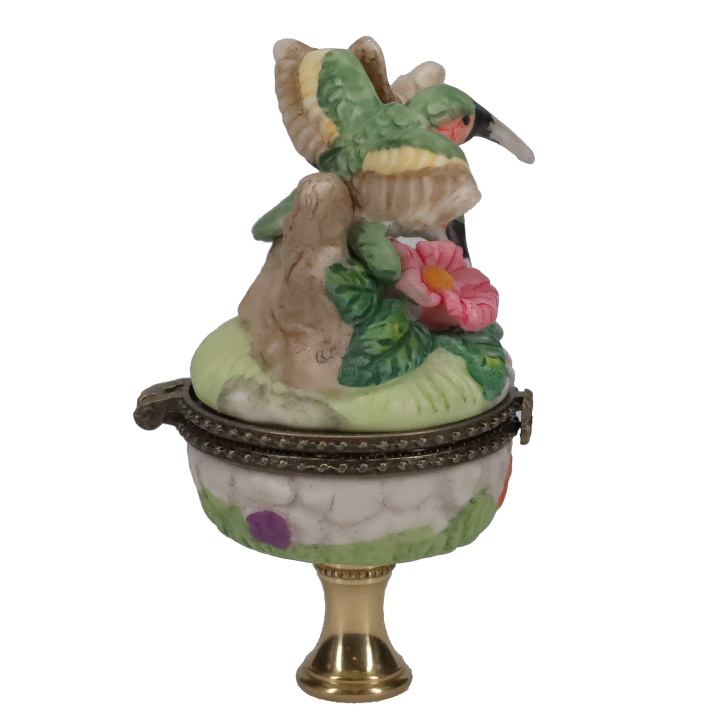 3-1/2" Tall Brass Finial Hummingbirds & Flowers Locket, Ceramic, 1/4-27F Tap (15241)