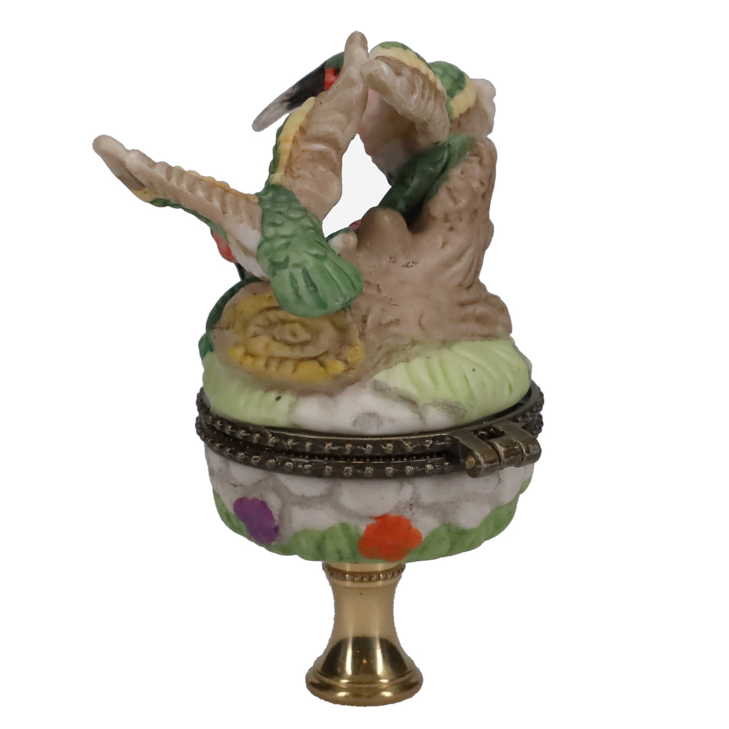 3-1/2" Tall Brass Finial Hummingbirds & Flowers Locket, Ceramic, 1/4-27F Tap (15241)