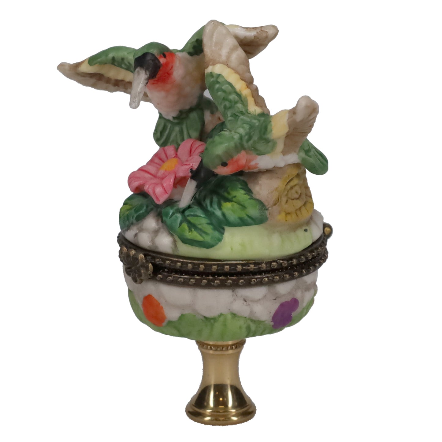 3-1/2" Tall Brass Finial Hummingbirds & Flowers Locket, Ceramic, 1/4-27F Tap (15241)