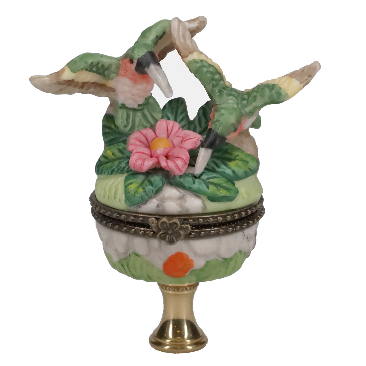 3-1/2" Tall Brass Finial Hummingbirds & Flowers Locket, Ceramic, 1/4-27F Tap (15241)