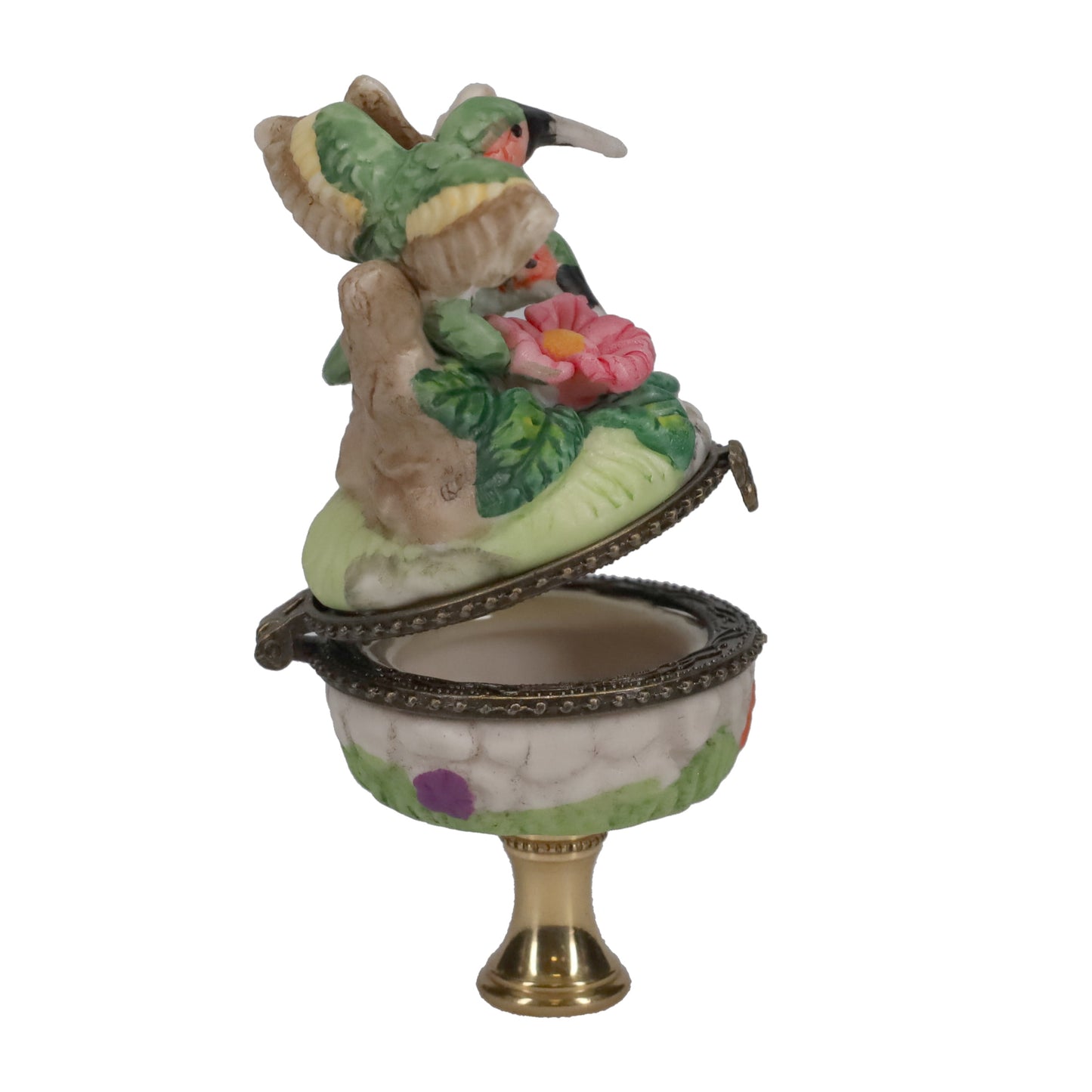 3-1/2" Tall Brass Finial Hummingbirds & Flowers Locket, Ceramic, 1/4-27F Tap (15241)