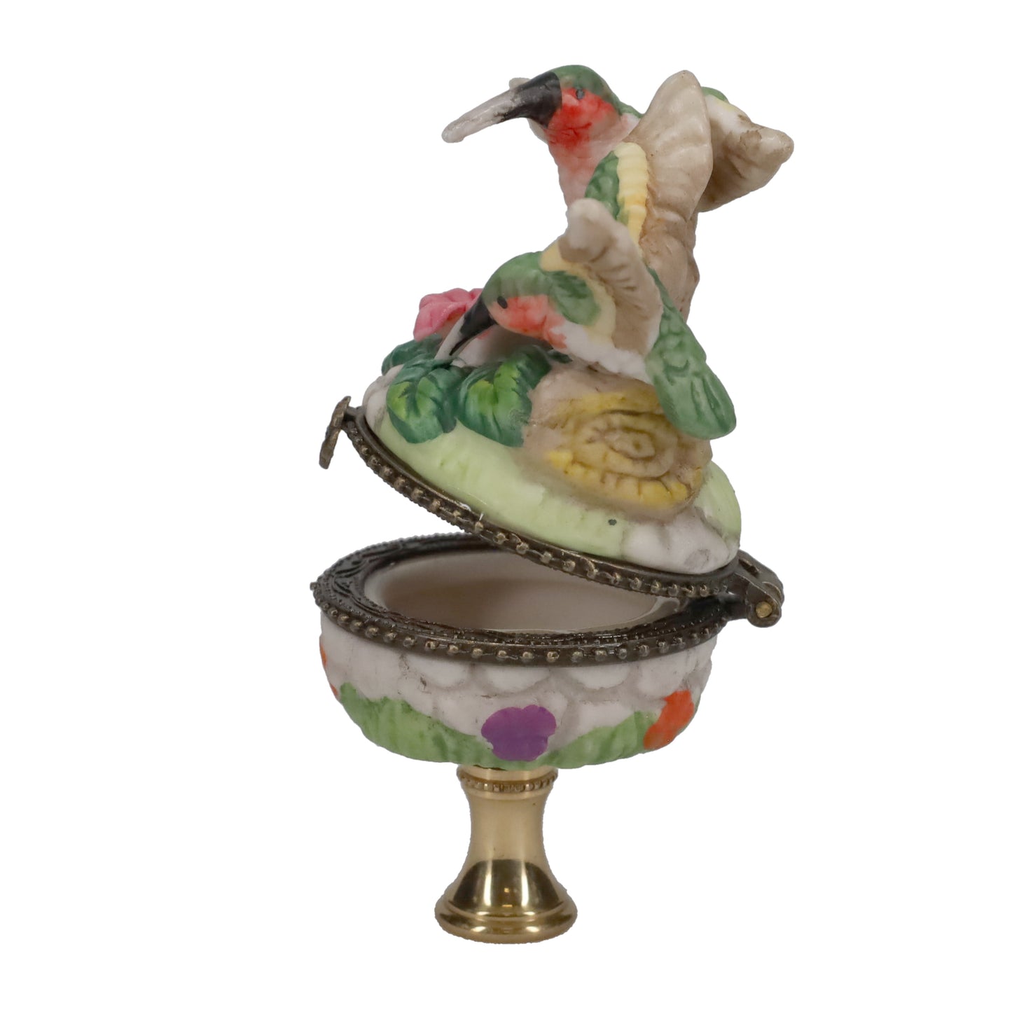 3-1/2" Tall Brass Finial Hummingbirds & Flowers Locket, Ceramic, 1/4-27F Tap (15241)