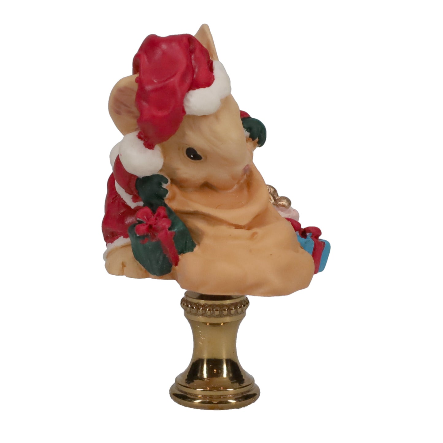 2-1/2" Tall Brass Finial, Ceramic Christmas Mouse with Sack & Presents, 1/4-27F Tap (15243)