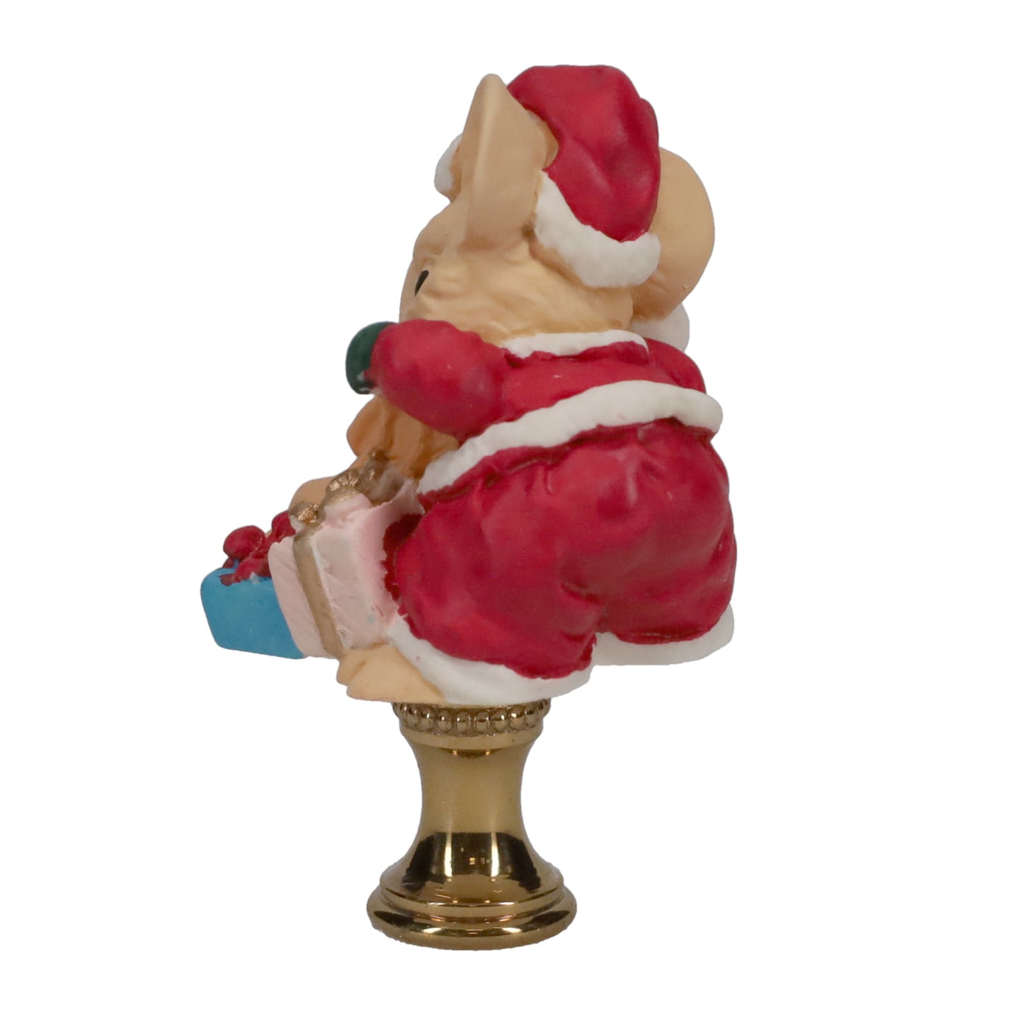2-1/2" Tall Brass Finial, Ceramic Christmas Mouse with Sack & Presents, 1/4-27F Tap (15243)