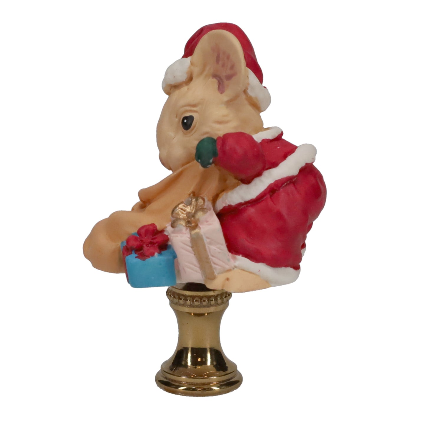 2-1/2" Tall Brass Finial, Ceramic Christmas Mouse with Sack & Presents, 1/4-27F Tap (15243)