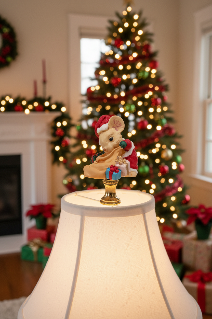 2-1/2" Tall Brass Finial, Ceramic Christmas Mouse with Sack & Presents, 1/4-27F Tap (15243)