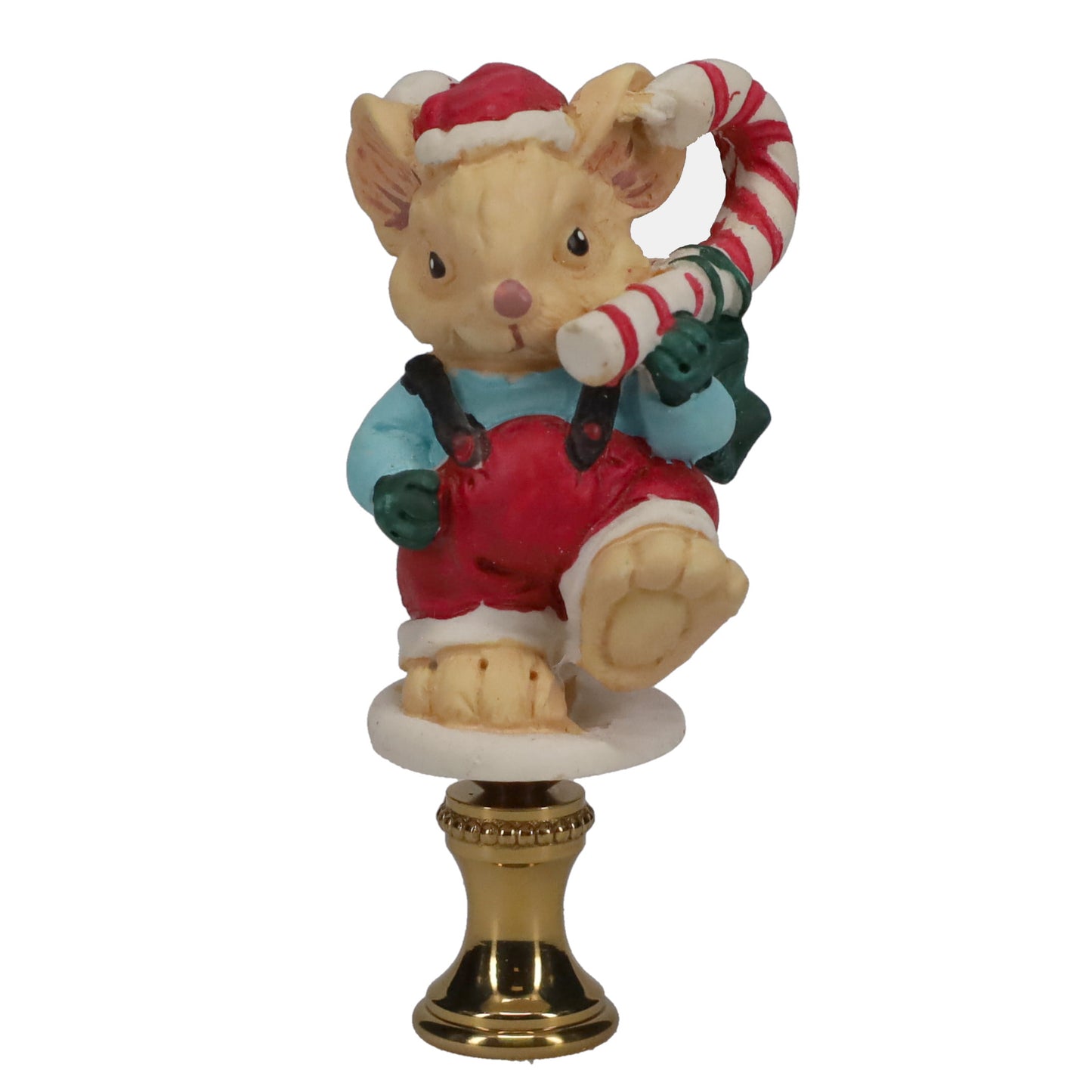 2-7/8" Tall Brass Finial, Ceramic Christmas Mouse with Candy Cane, 1/4-27F Tap (15244)