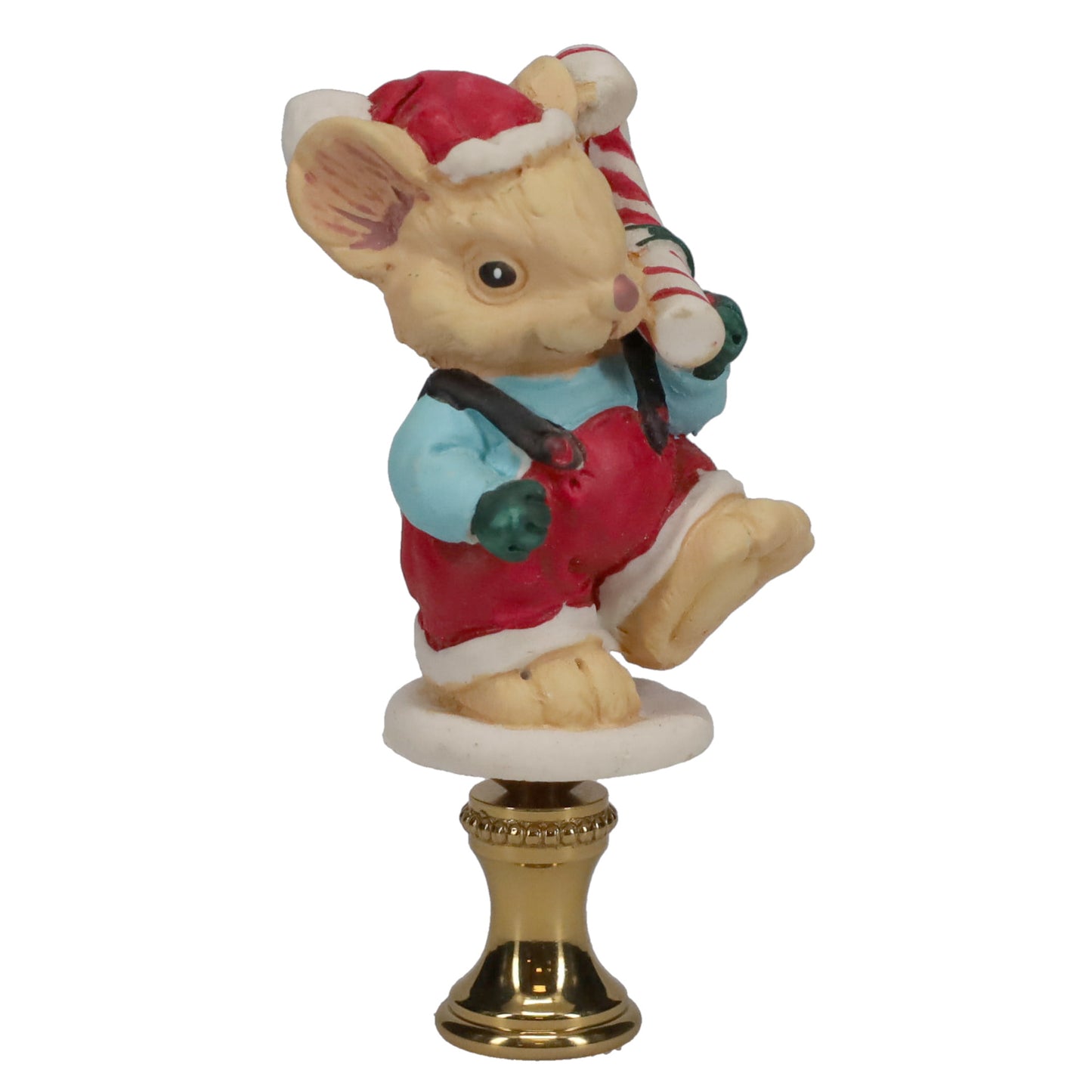 2-7/8" Tall Brass Finial, Ceramic Christmas Mouse with Candy Cane, 1/4-27F Tap (15244)
