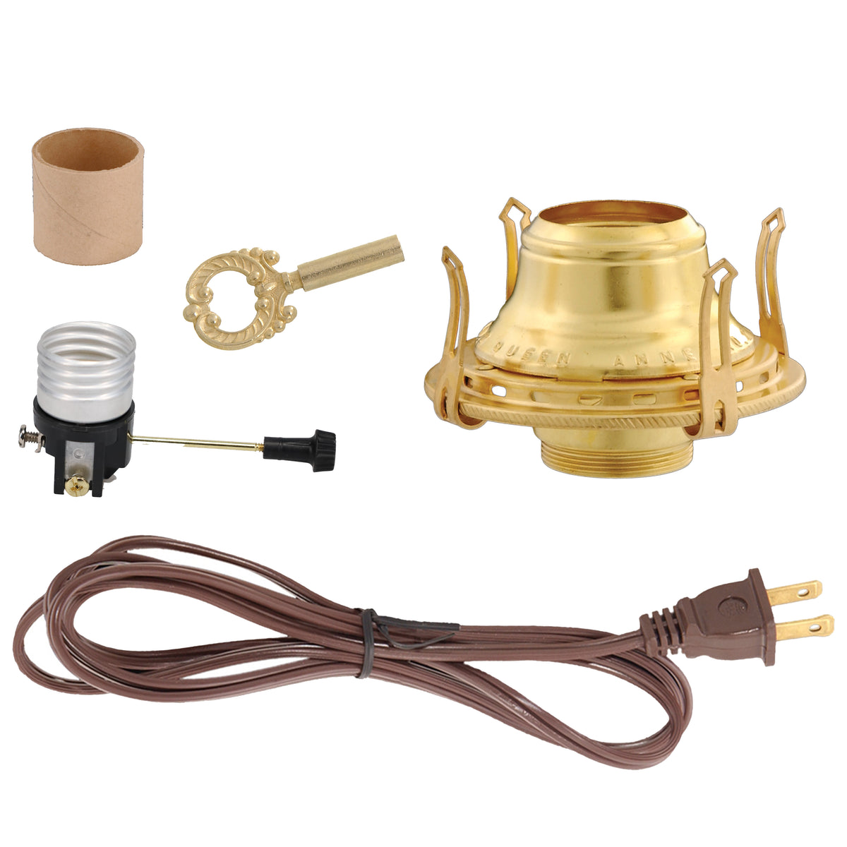 Solid Brass #2 Queen Electrified Lamp Burner, Choice of Cord Color (30210B)