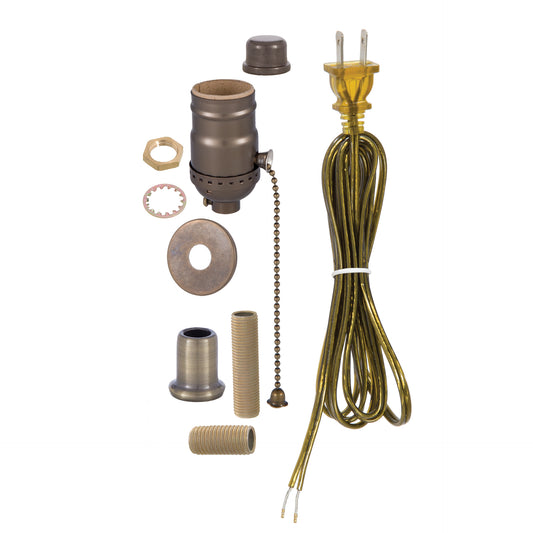 Antique Brass Finish Table Lamp Wiring Kit w/ Pull Chain Socket (30557A)