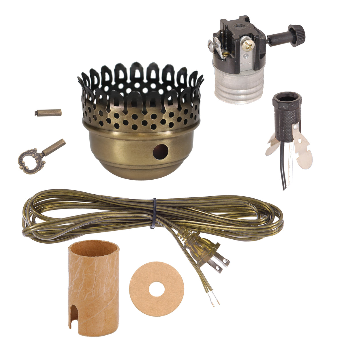 Lamp Wiring Kit with Antique Brass 3" Gallery, 3-Terminal Turn Knob, 8' Lamp Cord (30594A)