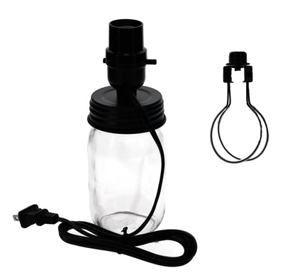 Black Mason Jar Electric Lamp Adapter with Clip on Shade Adaptor (30600BK)
