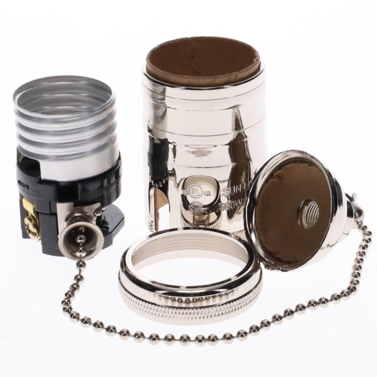 Brass Socket On/Off Pull Chain, No Uno Threads, Nickel Plated (48254N)