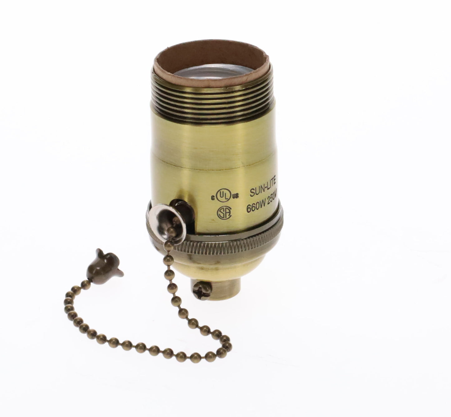 Heavy Turned Brass Socket with Antique BRASS Finish, On/Off Pull Chain function, UNO Thread (48255A)