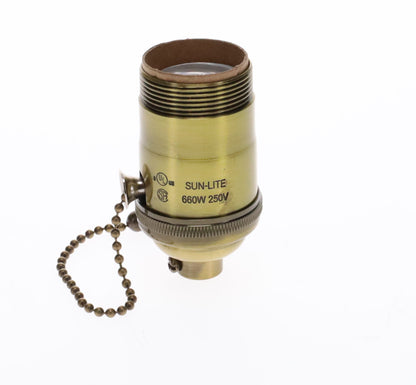 Heavy Turned Brass Socket with Antique BRASS Finish, On/Off Pull Chain function, UNO Thread (48255A)