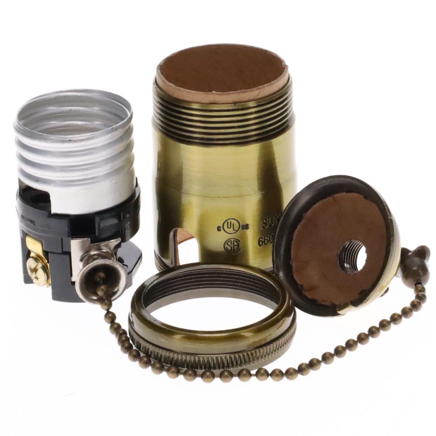 Heavy Turned Brass Socket with Antique BRASS Finish, On/Off Pull Chain function, UNO Thread (48255A)