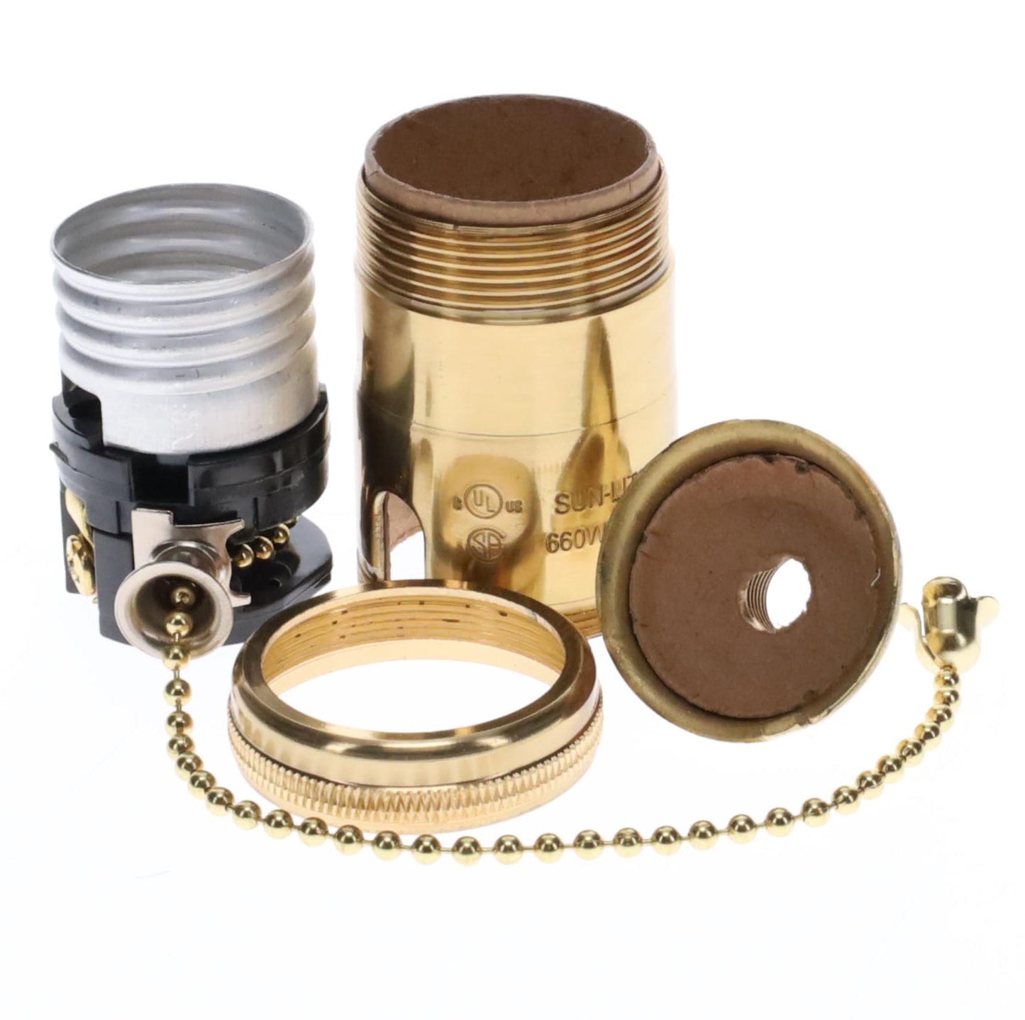 Heavy Turned Brass Socket with Polished & Lacquered Finish, On/Off Pull Chain function, UNO Thread (48255)