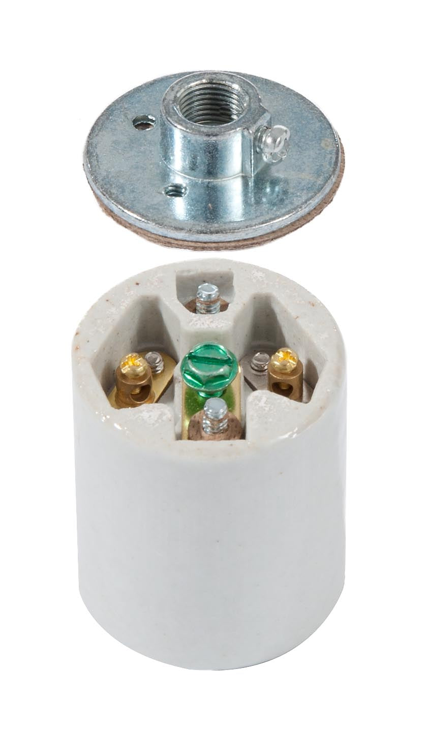 Medium Base E26, Porcelain Lamp Socket with 1/8F metal cap and Easy Wire terminals (48305)