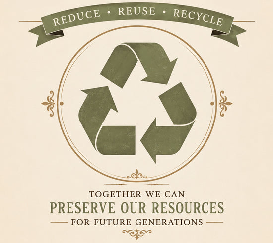 A vintage-style recycling poster with a central green recycling symbol inside a circular frame, a ribbon banner reading 'REDUCE • REUSE • RECYCLE' at the top, and the text 'TOGETHER WE CAN PRESERVE OUR RESOURCES FOR FUTURE GENERATIONS' below on a warm cream background.