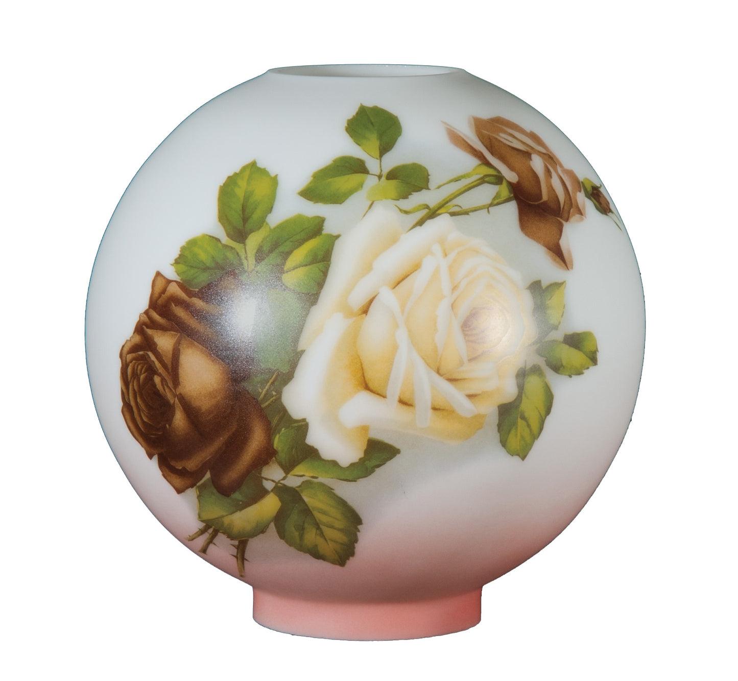 10 inch diameter Hand Painted Opal Glass Ball Lamp Shade, English Roses Scene, 4 inch fitter