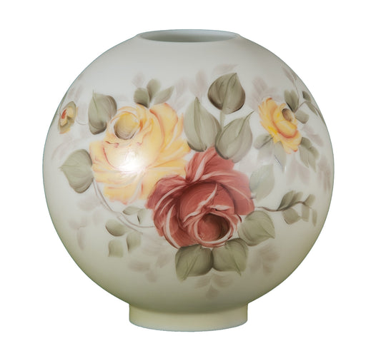 10 inch diameter Hand Painted Opal Glass Ball Lamp Shade, Victorian Roses Scene, 4 inch fitter