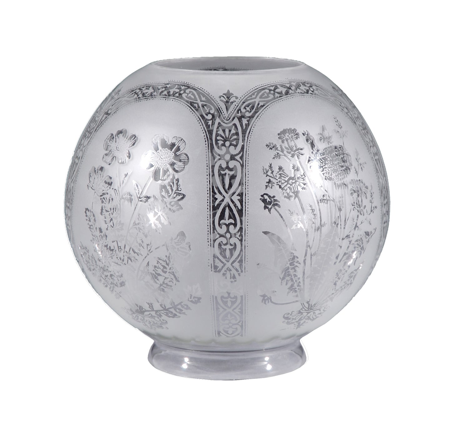 8" Five-Scene Floral Etched Gas Shade, 4 inch fitter