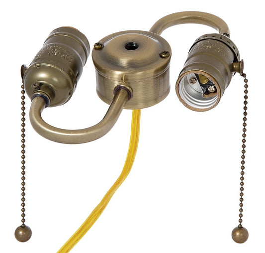 2-Light S-Type Antique Brass Finish Wired Steel Lamp Cluster w/Pull-Chain (E-26) Lamp Sockets, Choice of Tap