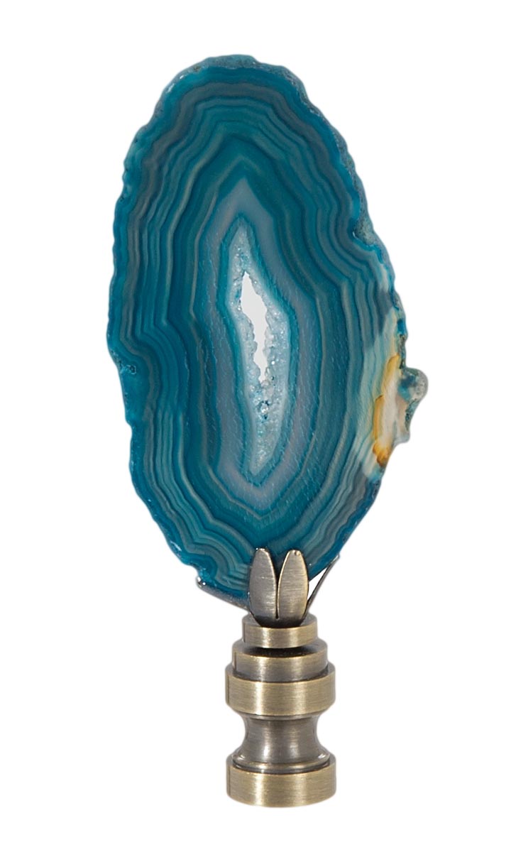 Natural Blue/Green Agate Stone Lamp Finial w/Antique  Brass Base, 2.5"~3.5" ht.