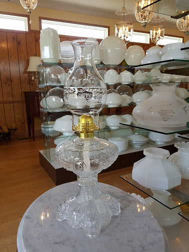 Clear "Princess Feather" Kerosene Lamp with "Home Sweet Home" Chimney 