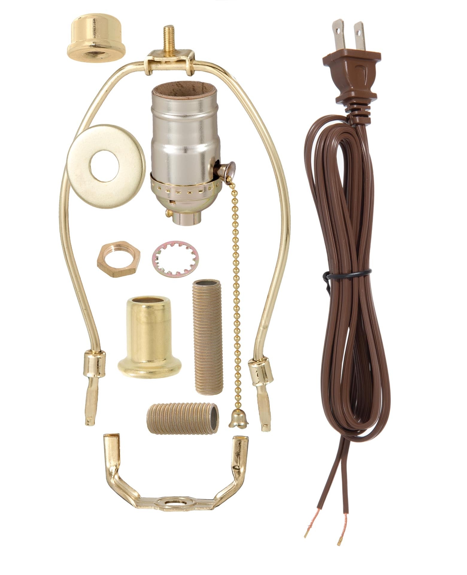 Brass Plated Table Lamp Wiring Kit w/ Pull Chain Socket, Choice of Harp Size