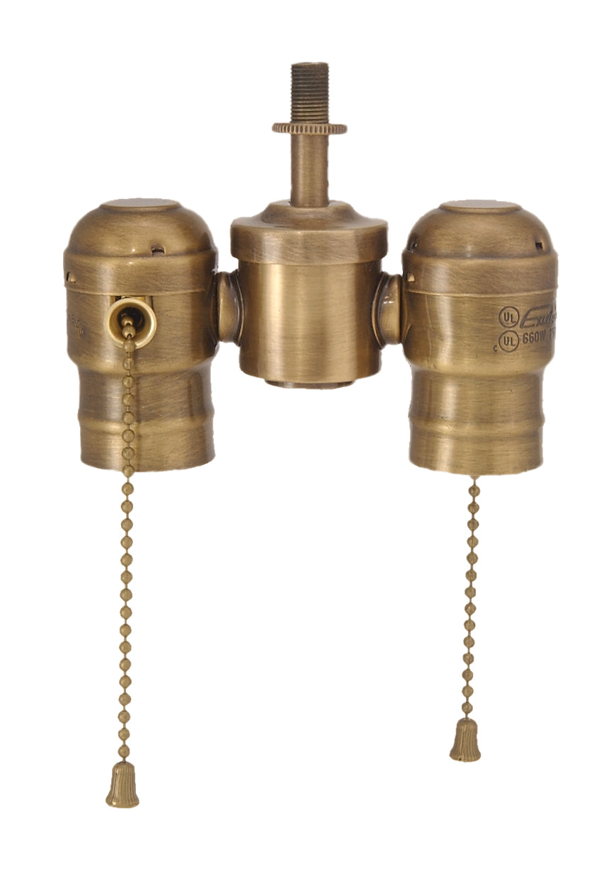 2-lite Cluster w/Pull-chain Sockets, Antique Brass