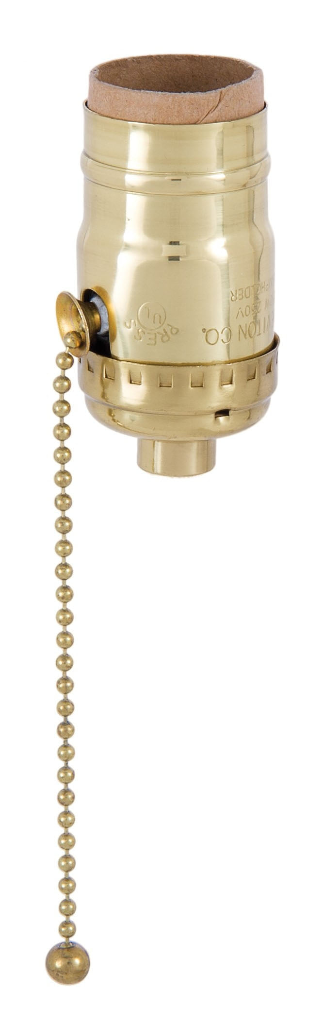 On/Off Pull Chain Lamp Socket (LEVITON), Brass, Polished & Lacquered Shell - NO SET SCREW