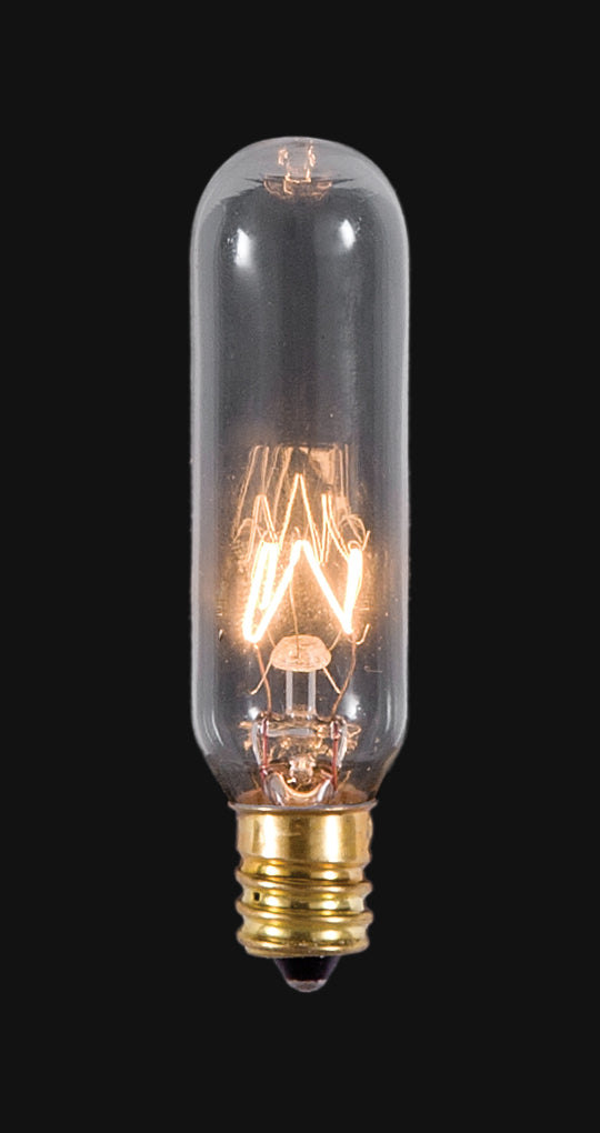 T6, 15with 120V, Candelabra base, Clear Tubular Light Bulb, 3" ht. (E12)